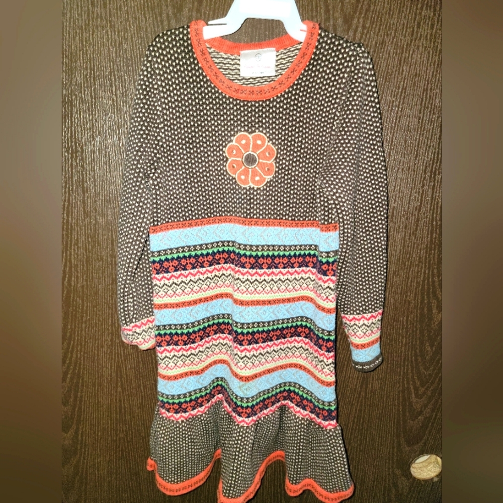 Hanna Anderson 110 Toddler Girls Dress brown Striped Sweater Dress Euc
